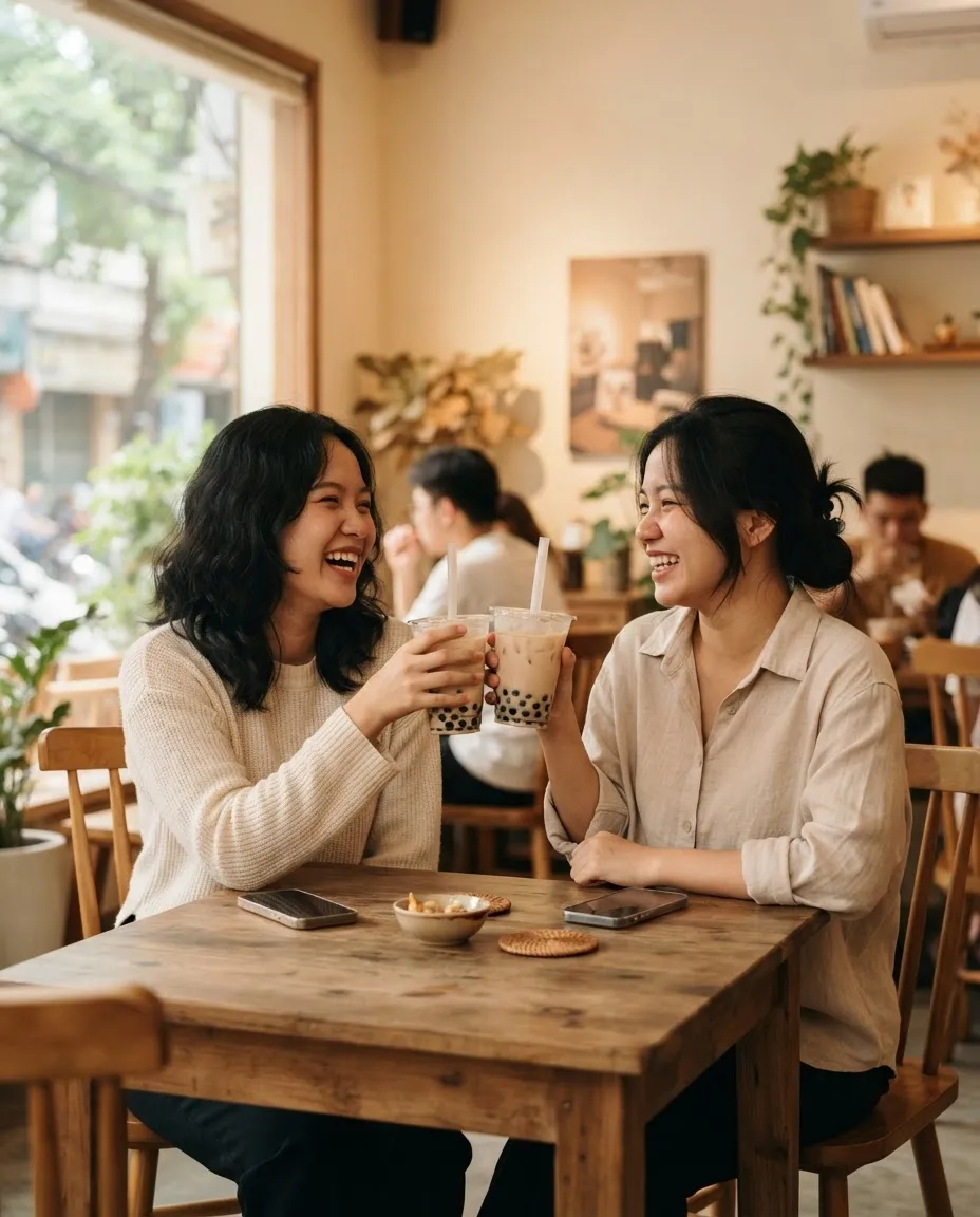 Hai người bạn cầm ly trà sữa