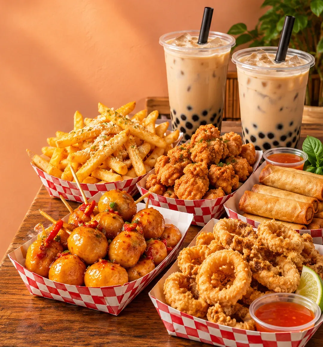 Các khay ăn vặt chiên giòn và hai ly trà sữa