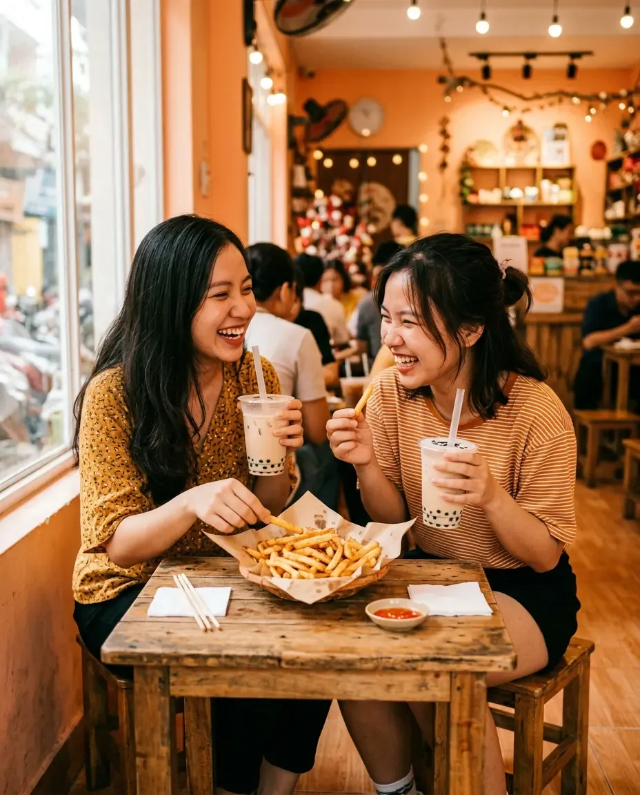 Hai bạn ăn khoai tây chiên và uống trà sữa