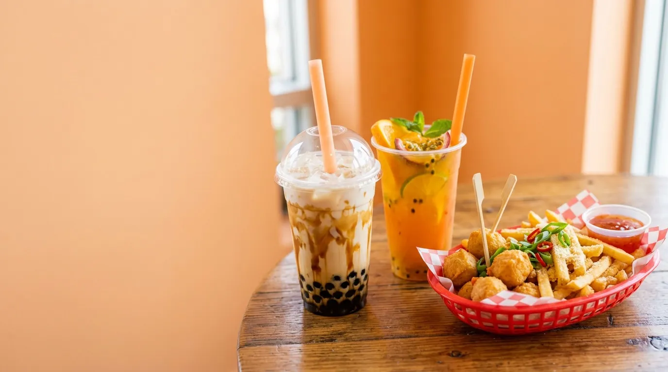 Ly trà sữa, ly trà trái cây và phần ăn vặt trên bàn gỗ