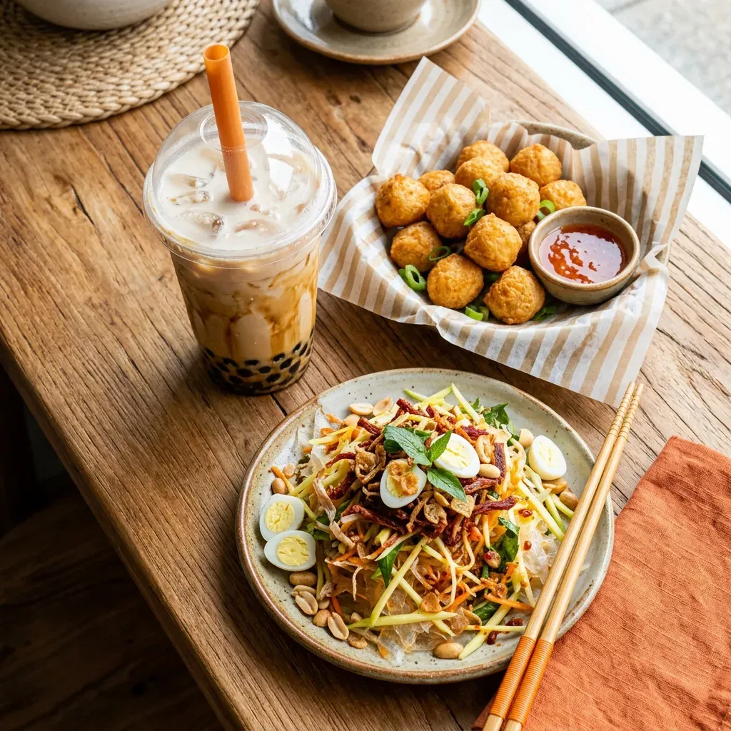Ly trà sữa, cá viên chiên và bánh tráng trộn trên bàn gỗ